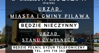 Informacja o dniu wolnym od pracy w Urzędzie Miasta i Gminy Pilawa